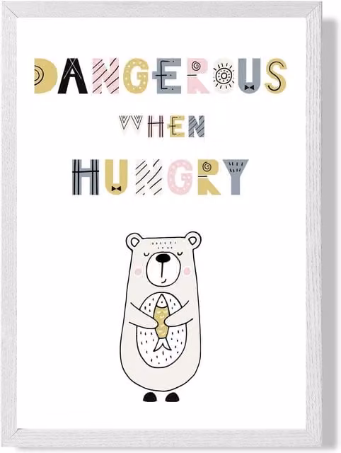 ARTZE Cute Dangerous When Hungry Bear Scandi Quote Framed Print, Pink with White Frame, A2