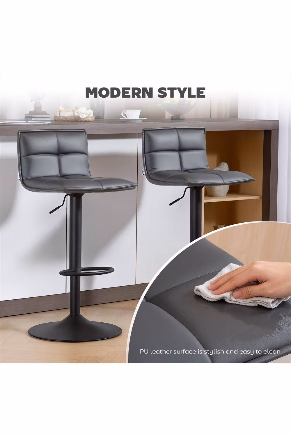 ERGOVEXA Set of Two Modern Grey Faux Leather Swivel Bar Stools with Metal Legs – 3