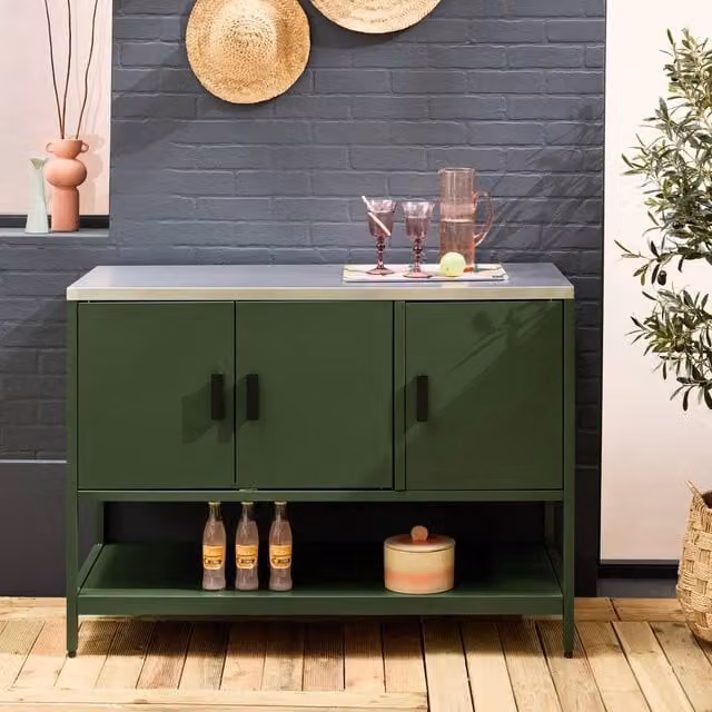 sweeek Outdoor Steel Kitchen Base Unit with 3 Doors and 1 Shelf, Green, W: 120 cm