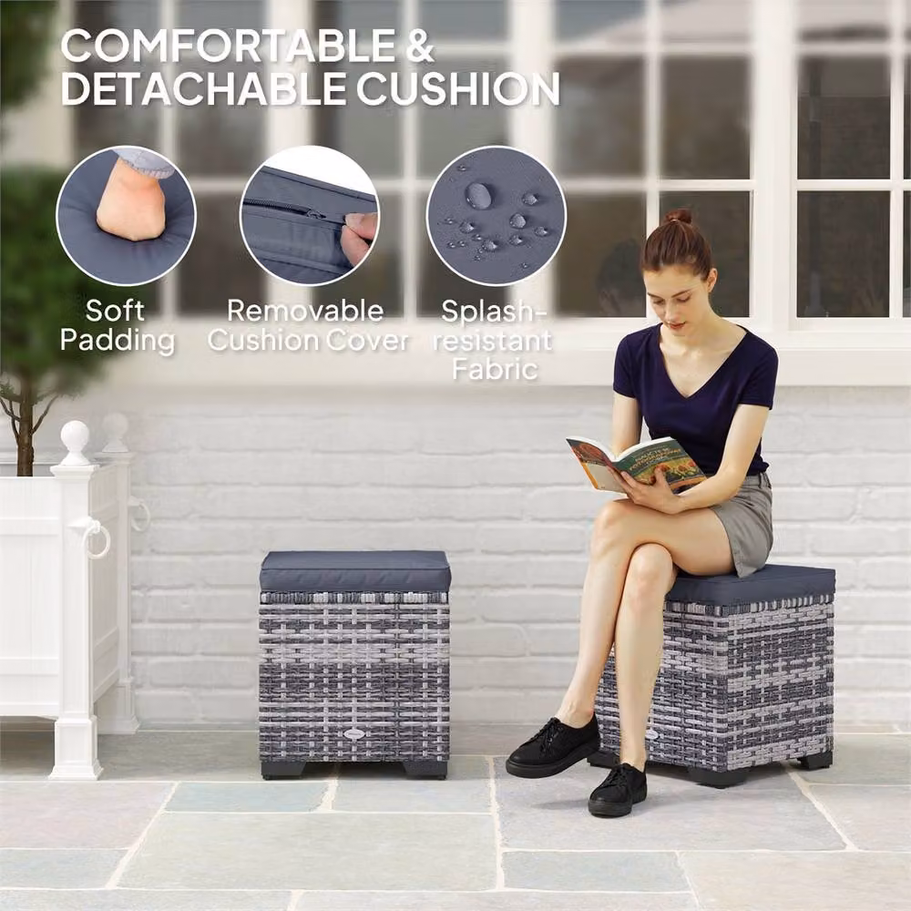 EONLION Set of 2 Grey Rattan Garden Footstools – 5