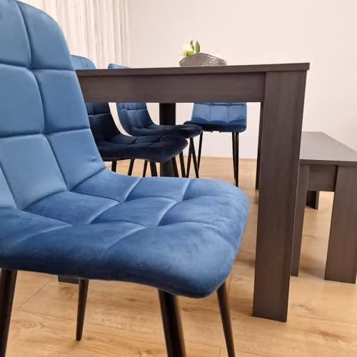 KOSY KOALA Modern 6 Seater Dining Set with Rectangular Dark Grey Table, 4 Blue Velvet Chairs and 1 Bench, W/D/H: 140 x 80 x 75 cm – 3