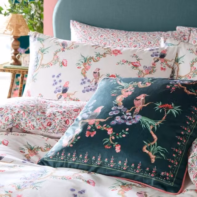 Cath Kidston Floral Bird Velvet Filled Square Cushion, Green and Pink, W/D/H: 50 x 50 x 50 cm