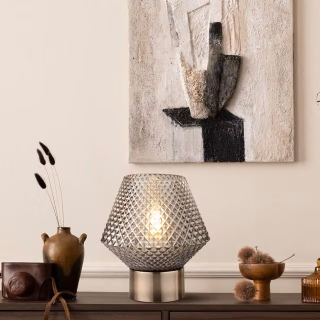 Lighting Collection Textured Smoked Glass Table Lamp in Black and Grey – 2