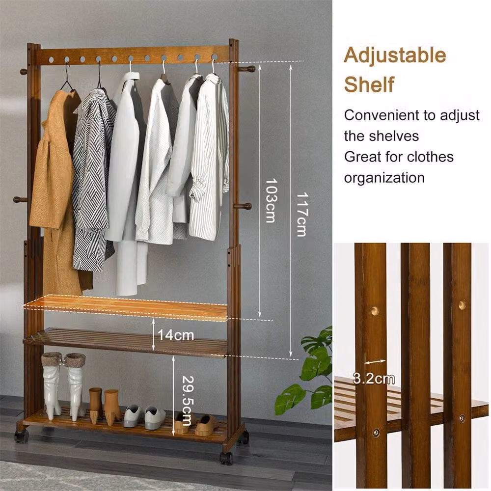 ERGOVEXA Vintage Clothes Rail with 2 Tier Shoe Storage Shelf in Brown – 3