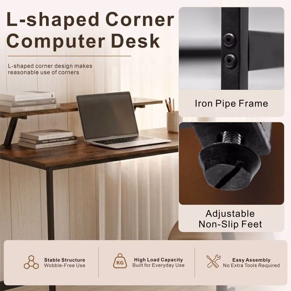 Abrihome Industrial Rustic L-Shaped Corner Computer Desk in Brown – 4
