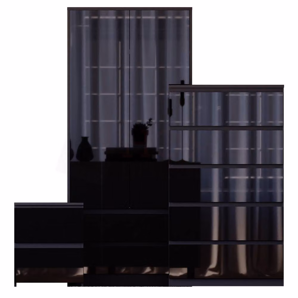 Vida Designs Glinton 3 Piece Black Glossy Modern Bedroom Set Including 2 Bedside Tables, 5 Drawer Chest and Wardrobe – 2