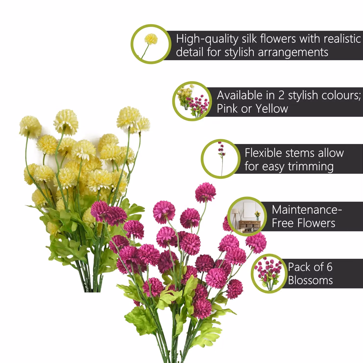 Pegdev Pack of 6 Artificial Dahlia Pompom Floral Stems in Pink and Yellow, 50 cm – 2