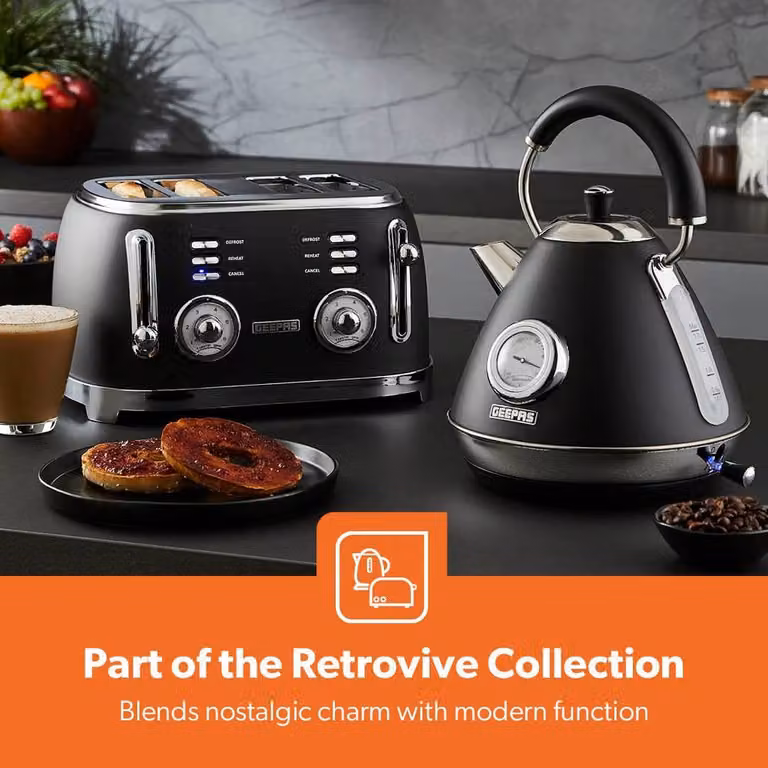 Geepas Retrovive Kitchen Appliance Combo Set in Black featuring 1.7L Electric Kettle, 4 Slice Toaster, 2-in-1 Jug Blender and 20L Digital Microwave