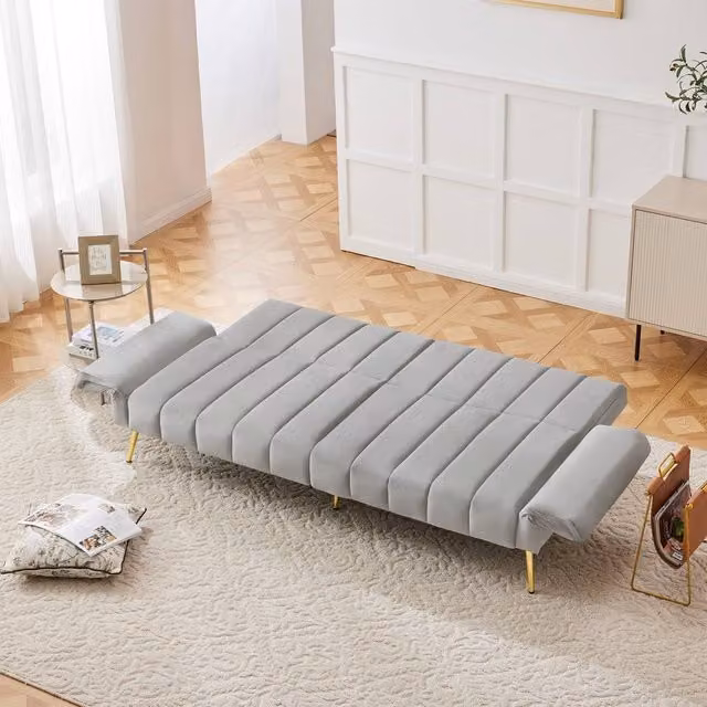 Merax Modern Convertible Velvet Sofa Bed in Grey with Click-Clack Sleeping Function and Metal Frame, W/D/H: 140 x 200 x 77 cm