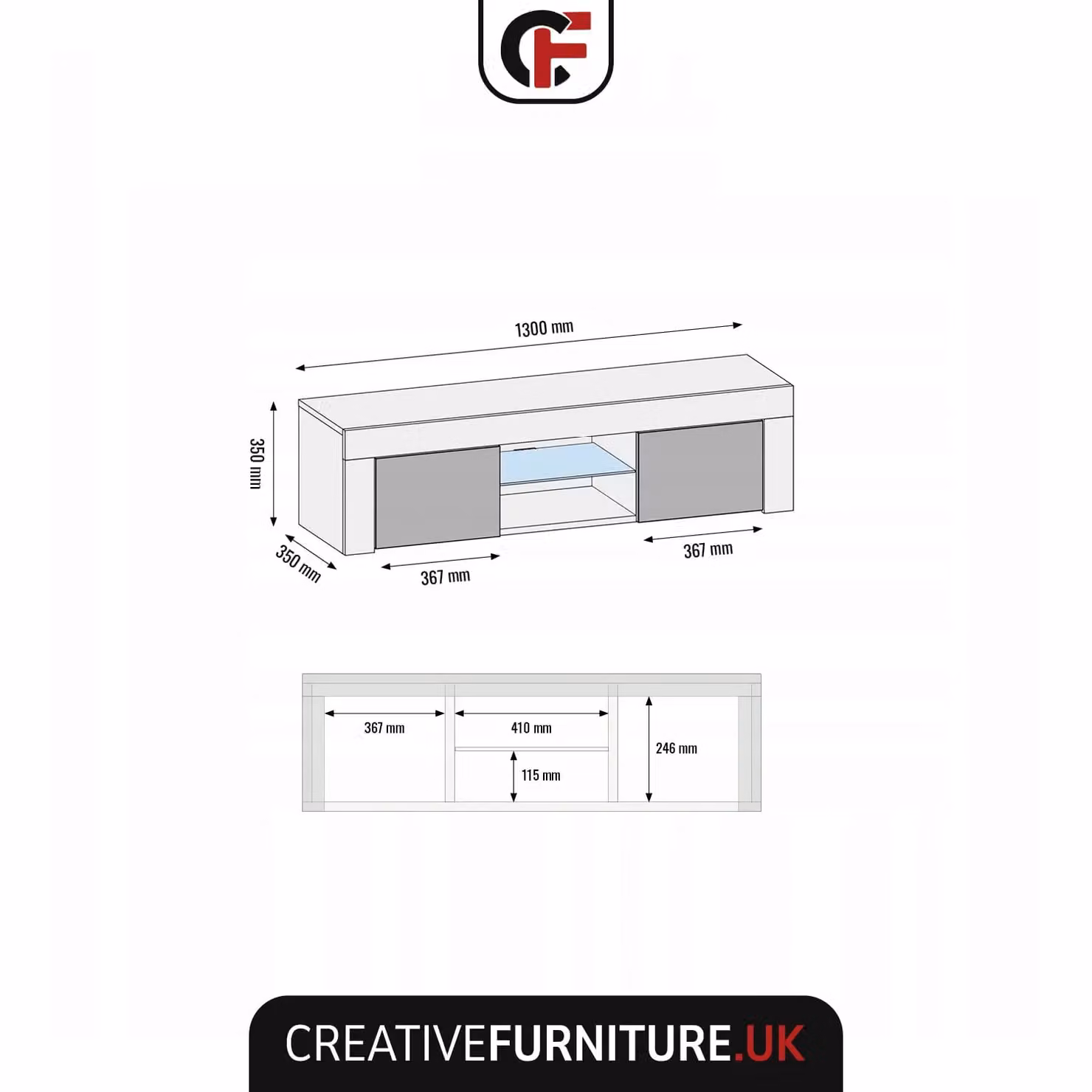 Creative Furniture Loom TV Unit 130cm with Grey Gloss Doors and LED Lights, White and Grey – 2