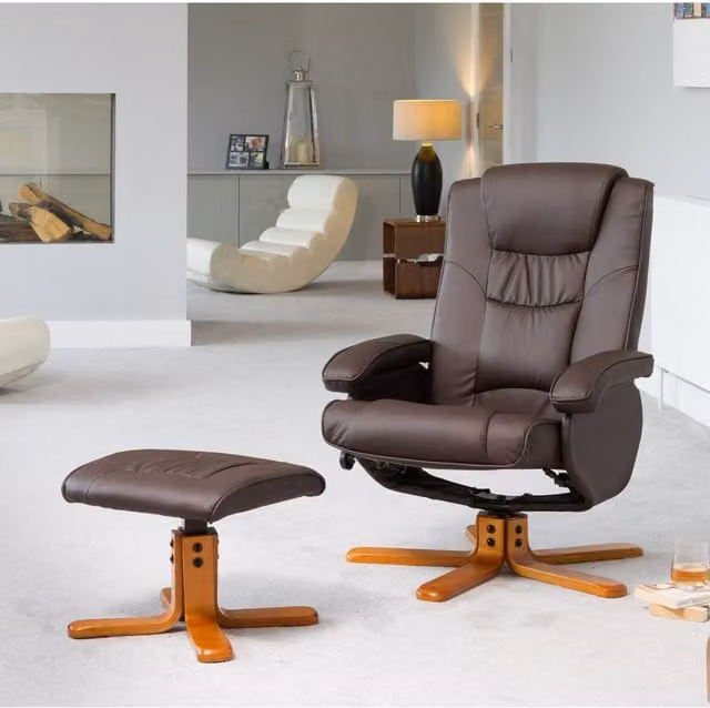 Artemis Home Severn Swivel Recliner Chair and Ottoman in Brown Synthetic Leather – 1