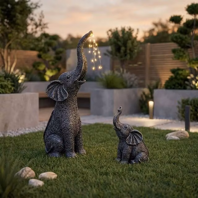 Garden Greatness Lunaria Duo Solar Elephant Garden Lights, 2 Pack, Grey and Multicolour