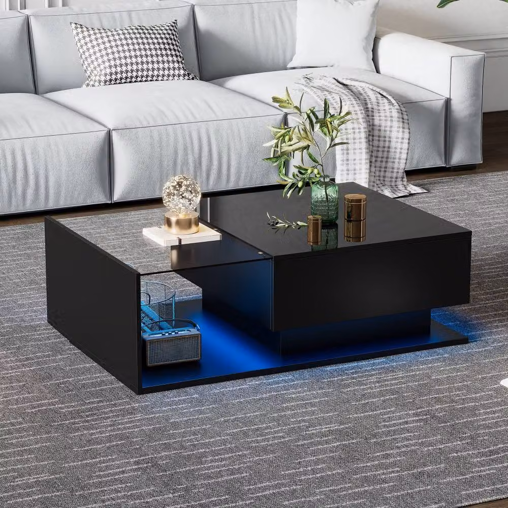 Merax High Gloss LED Coffee Table with Glass Shelf and Drawer in Black – 2
