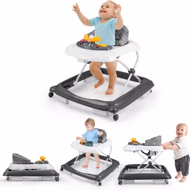 Costway Baby Push Along Activity Walker with Motor and Sensory Features in Grey