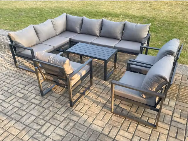 Fimous 9-Seater L-Shape Garden Furniture Set in Dark Grey Powder Coated Aluminium with Upholstered Polyester Cushions