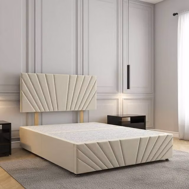 Regional Furnishings Luxury Velvet Divan Bed with 24 inch Headboard and Footboard in Beige, Double, W/D/H: 140 x 200 cm