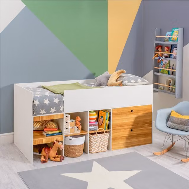Home Treats White Wooden Mid Sleeper Cabin Bed with Storage Drawers and Shelves, W/D/H: 190 x 90 cm