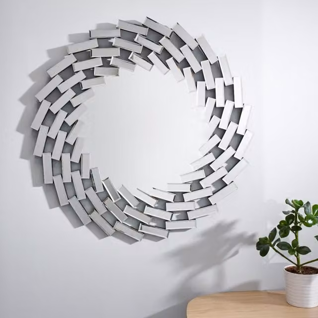 FurnitureboxUK Venetian Round Silver Geometric Patterned Wall Mirror, Diameter: 80 cm