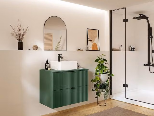 Vente-unique Wall-Hung Ribbed Bathroom Vanity Unit with Round Ceramic Countertop Basin in Green and White – 1