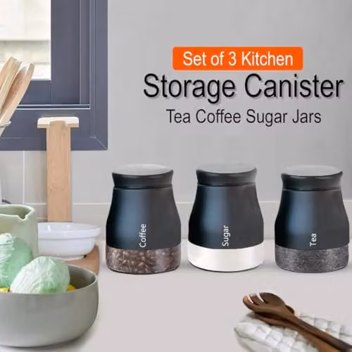 ATEK Set of 3 Glass Kitchen Storage Canisters with Screw Lids in Black and White – 4