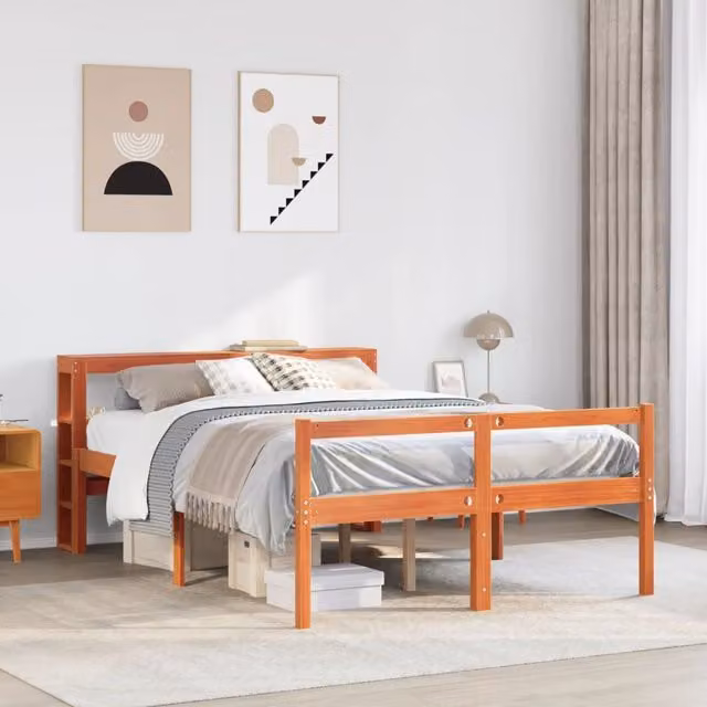 Berkfield Home Solid Pine Bed Frame with Headboard in Waxed Brown, W/D/H: 135 x 190 cm