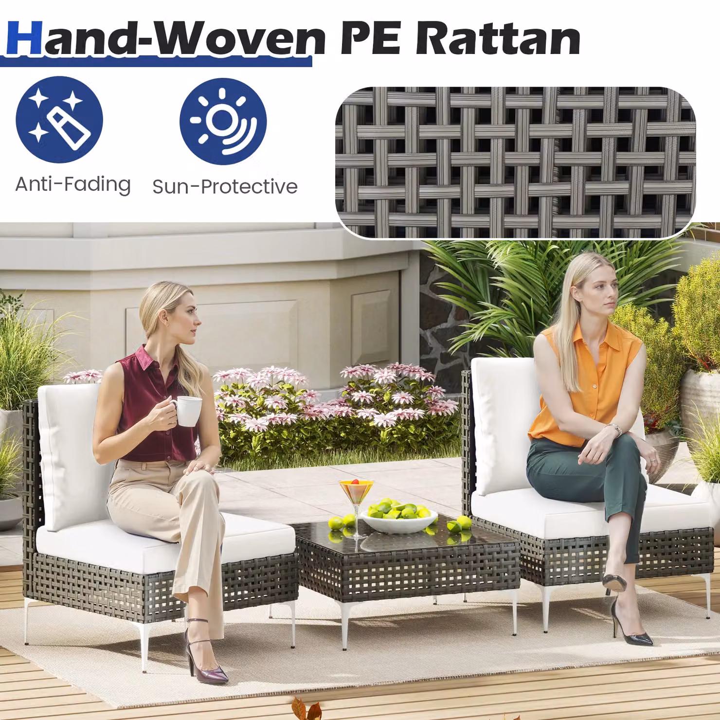 Gymax 3 Piece White PE Rattan Patio Bistro Set with Metal Coffee Table – 3