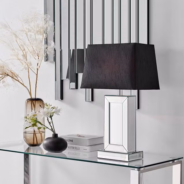 FurnitureboxUK Talia Mirrored Tall Table Lamp with Fabric Shade in Black