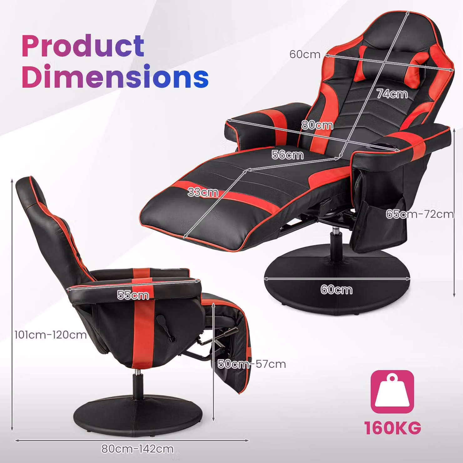 Gymax Red Massage Swivel Gaming Recliner Chair with Adjustable Height and Armrests – 2