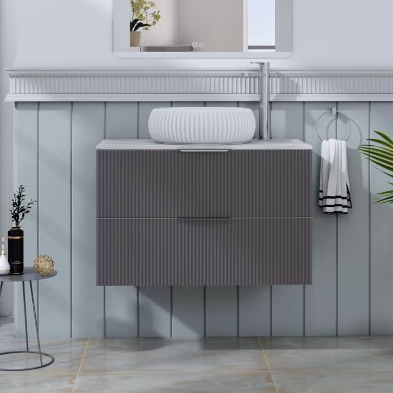 Royal Bathrooms Evora 800mm Graphite Grey Fluted Wall Hung 2 Drawer Vanity Unit with Milan Basin