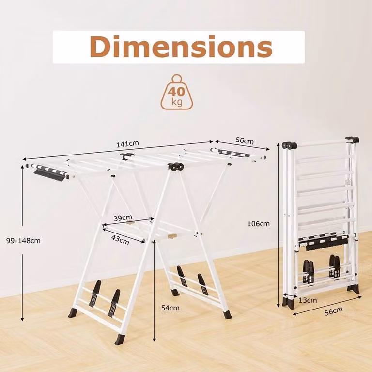 Kelvenix Foldable Metal Laundry Drying Rack with Wing Arms, White