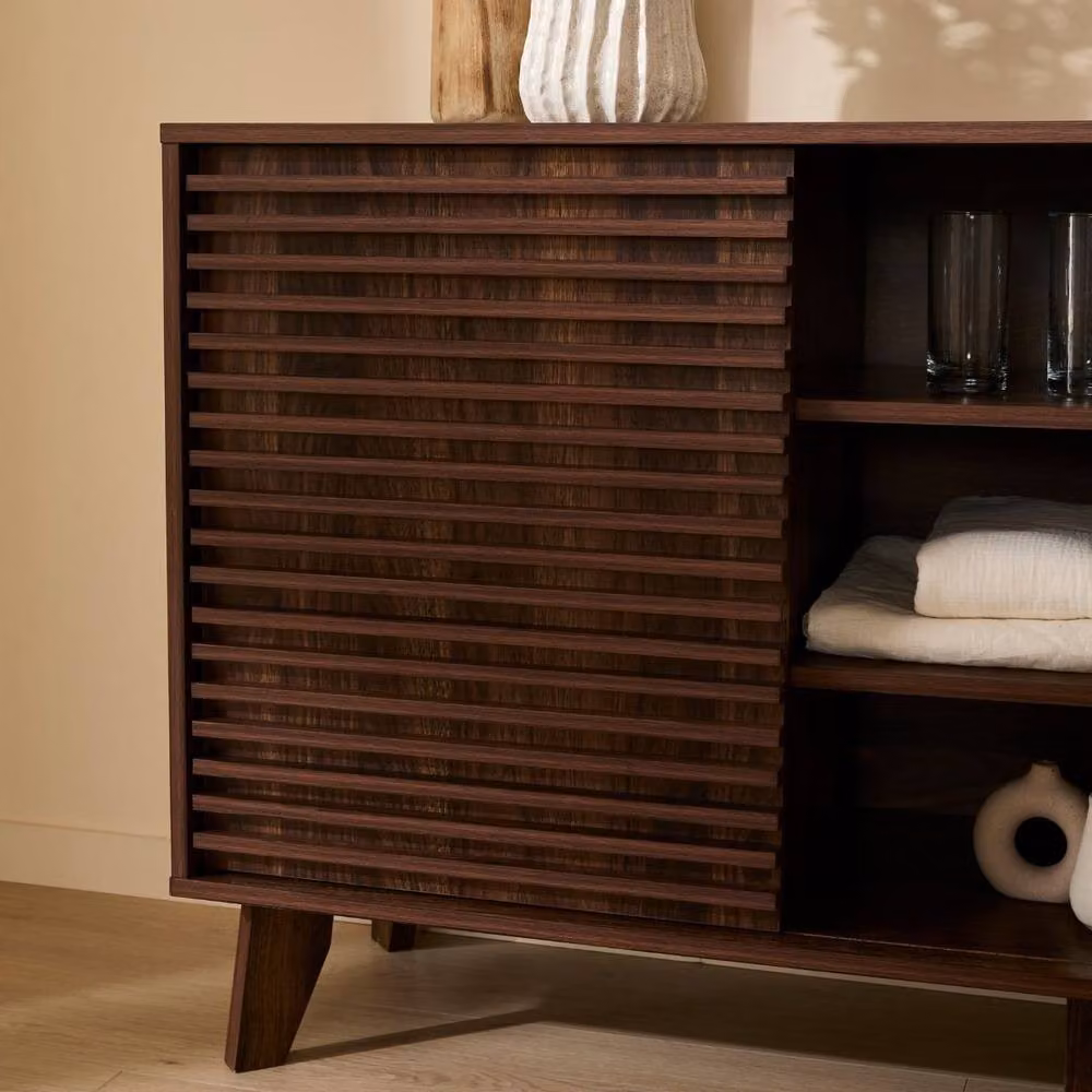CALICOSY FRIBOURG Sideboard with 2 Sliding Doors and Grooved Wood Effect Fronts in Dark Brown, Width: 140 cm – 3