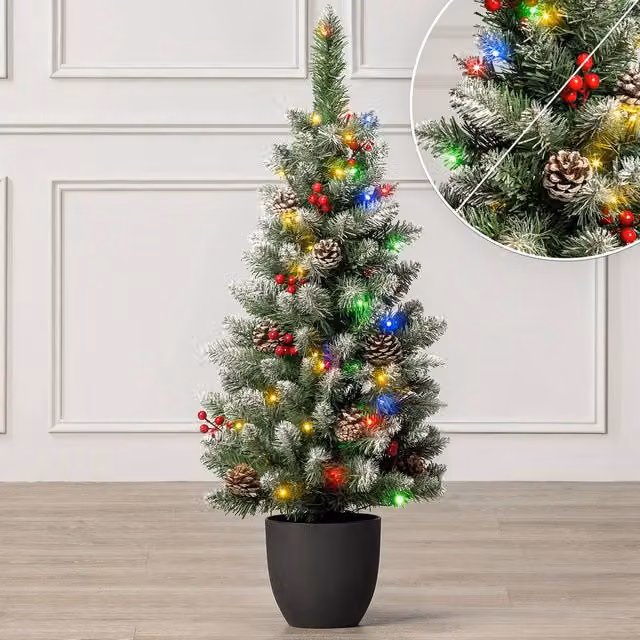 Christow 3ft Pre-Lit Rustic Pine Cone and Berry Christmas Tree with LED Lights and Battery Timer in Green