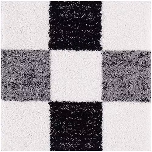 THE RUGS Modern Grey Checked Square Shaggy Area Rug, W/D: 120 x 120 cm – 6