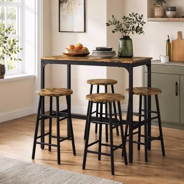STILVORA Industrial Bar Table Set with 4 Stools in Brown and Black Wood and Metal