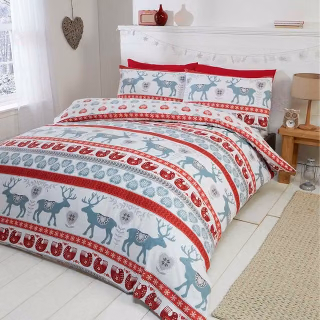 Rapport Home Scandi Christmas Cotton Duvet Set and Pillowcase, Red, W: 140 cm, L: 200 cm