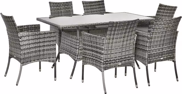 Outsunny 6-Seater Rattan Dining Set with Rectangular Glass Top Table and Cube Chairs in Grey – 1