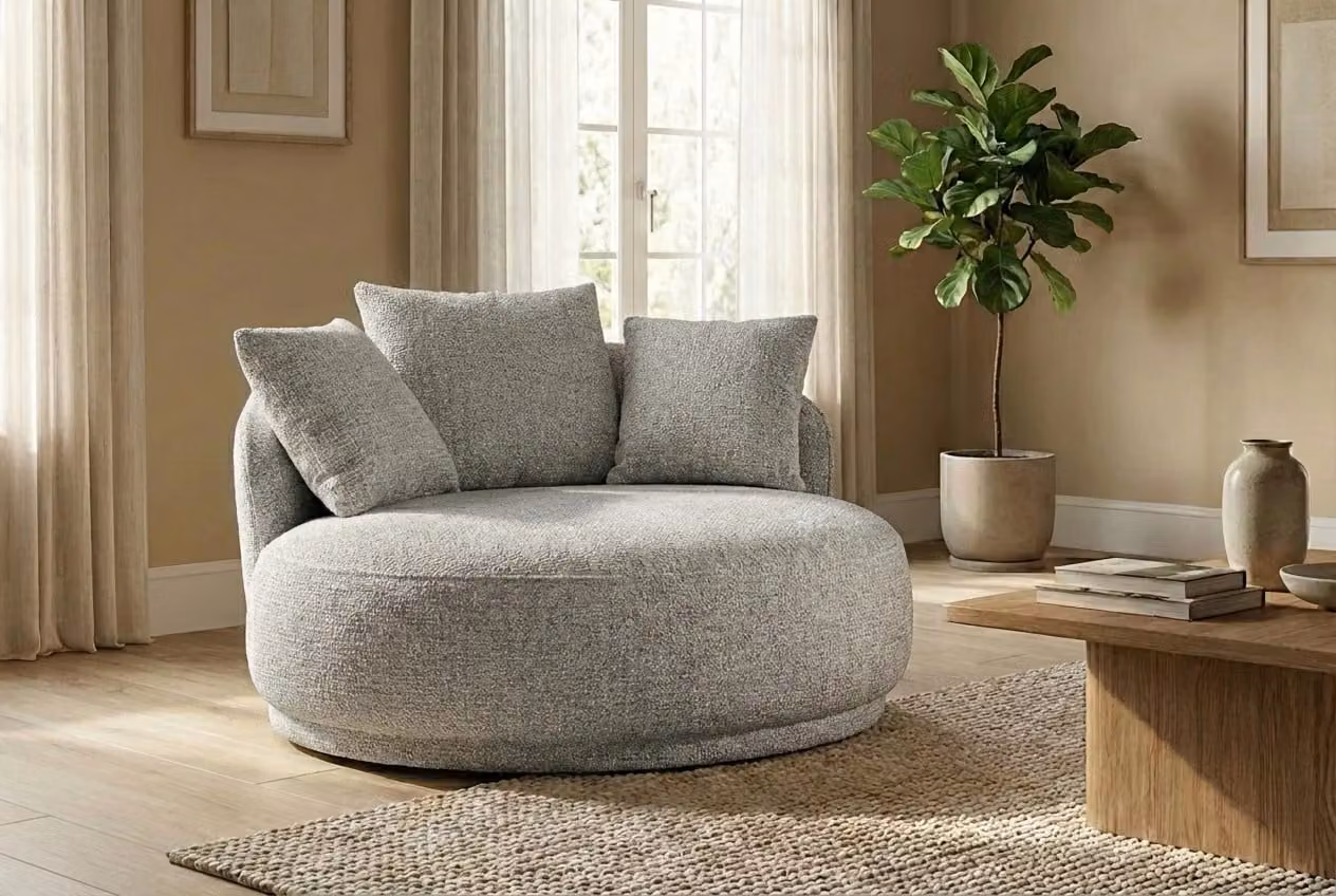 Araco Atelier Otis Armchair in Ashlar Beige and Grey Fabric