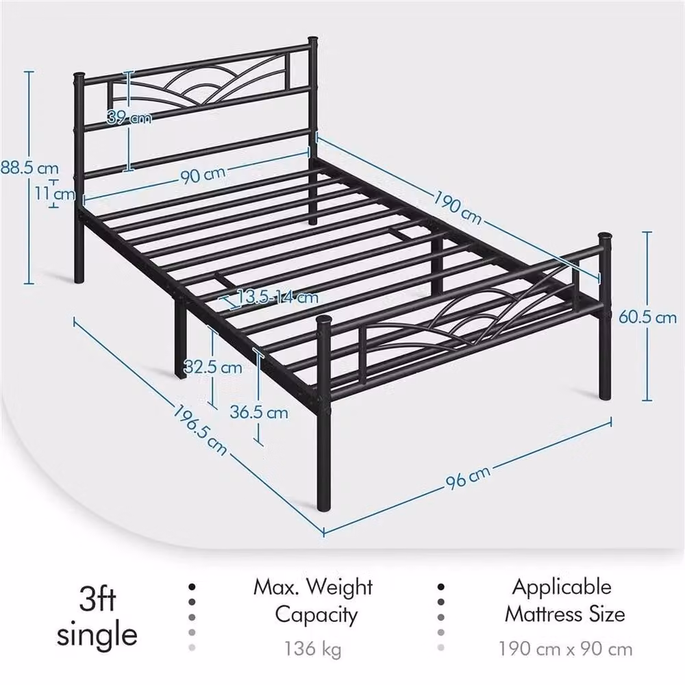 Kelvenix Single Metal Bed Frame in Black, W/D/H: 90 x 190 cm – 2
