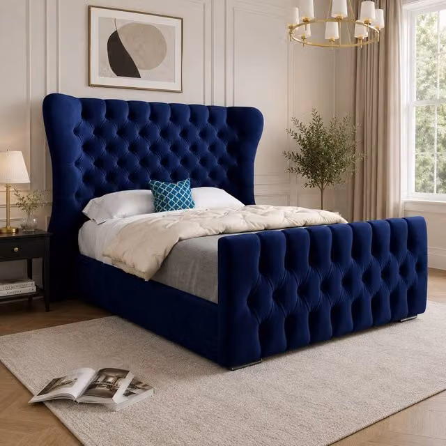 Casani Reedham Upholstered Velvet Designer Bed Frame in Blue, W/D/H: 137 x 120 x 200 cm
