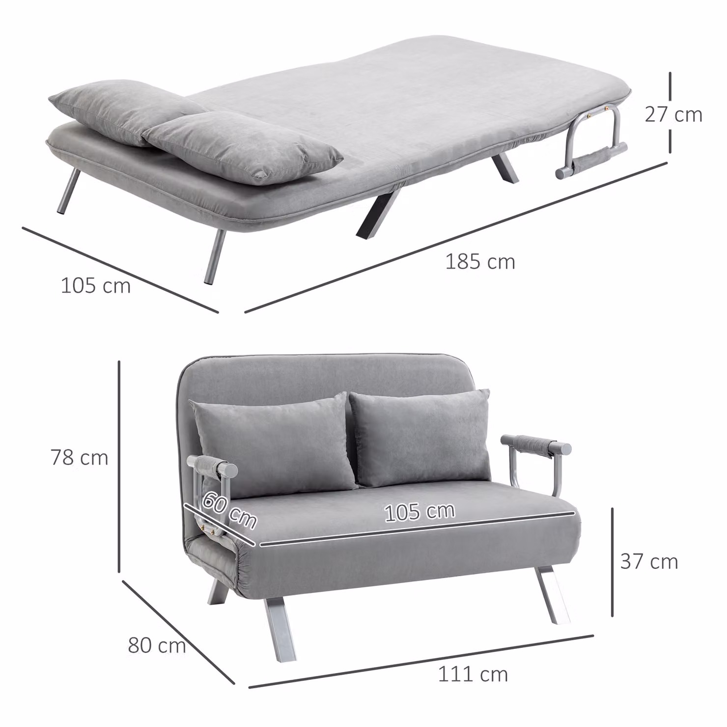 HOMCOM Two-Seater Click-Clack Sofa Bed in Grey with Metal Frame and Removable Fabric Covers – 3