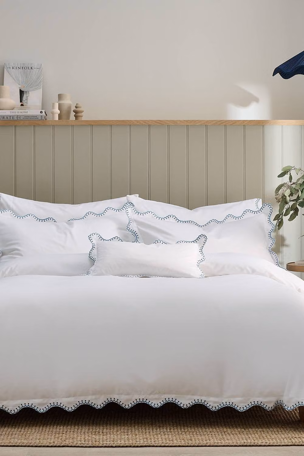 Christy Lucerne Scallop Luxury Cotton Sateen Boudoir Cushion in Blue and White, W/D/H: 50 x 30 x 30 cm – 1