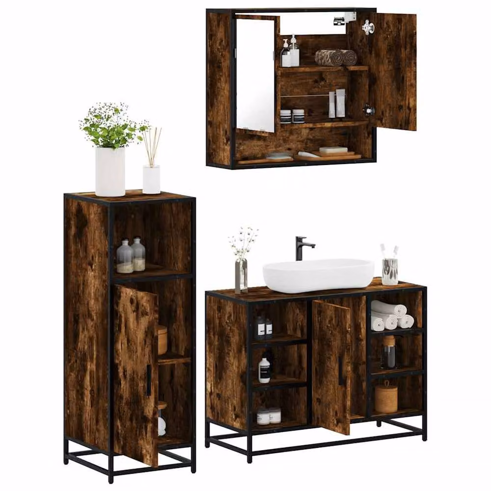 Berkfield Home 3 Piece Industrial Bathroom Furniture Set in Brown Smoked Oak – 2