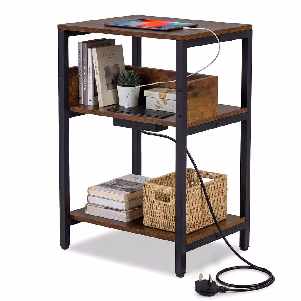 Gymax 3-Tier Industrial Side Table with Charging Station, Brown, W: 40 cm, D: 30 cm, H: 61 cm – 6