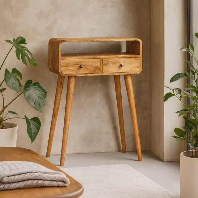Wyld Haus Peschiera Mini Curved Mango and Oak Wood Console Table in Brown, W/D/H: 60.0 x 17.5 x 90.0 cm