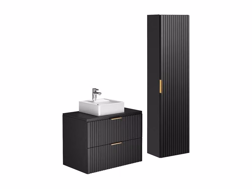 Vente-unique Modern Wall-Mounted Ribbed Bathroom Unit with Ceramic Basin and Tall Cabinet in Black and White, W/D/H: 80 x 57 x 46 cm – 2
