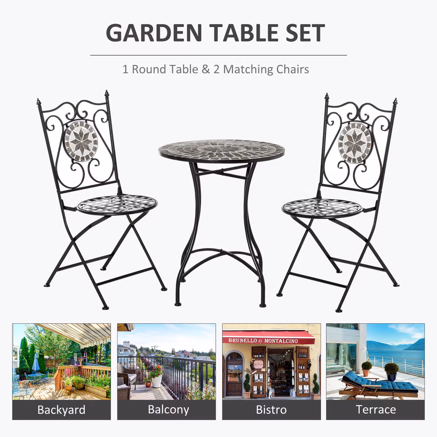 Outsunny 3 Piece Mosaic Tile Garden Bistro Set with Round Ceramic Table and 2 Folding Metal Chairs in Black – 4