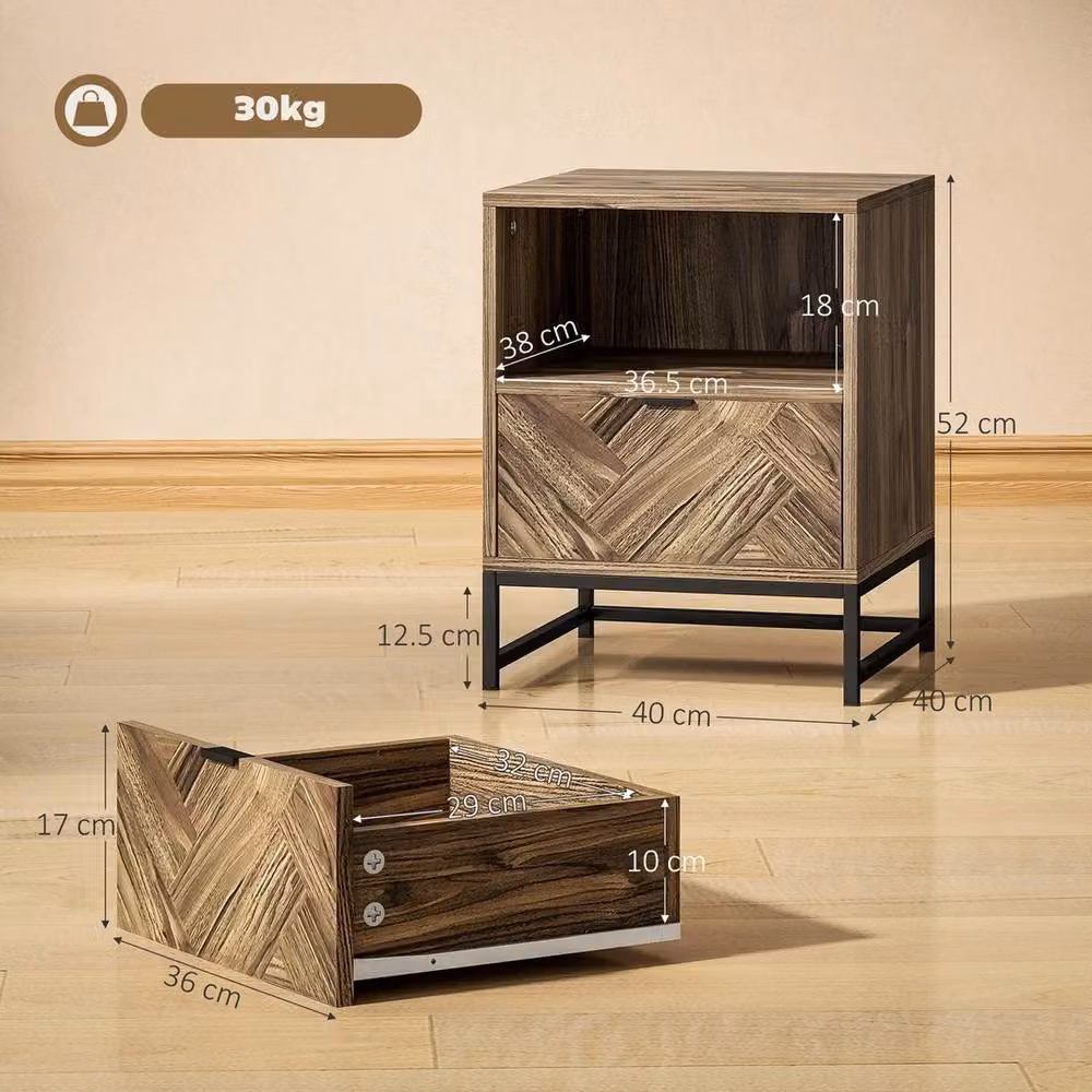 HOMCOM Industrial Nightstand with Drawer and Shelf in Black and Brown Wood and Metal – 2
