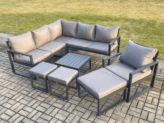 Fimous Modern L-Shape Outdoor Garden Furniture Set in Dark Grey with Powder Coated Aluminium Frame, Coffee Table, Armchair, 2-Seater Sofa, 3-Seater Sofa and Matching Ottomans