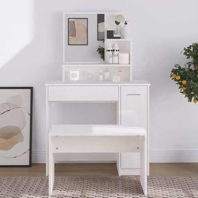 Berkfield Home High Gloss White Dressing Table with Mirror W/D/H: 86.5 x 35 x 136 cm – 1