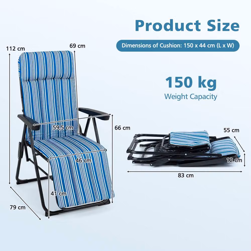 Gymax Blue Striped Foldable Sun Lounger Recliner with Adjustable Headrest and Armrests – 2